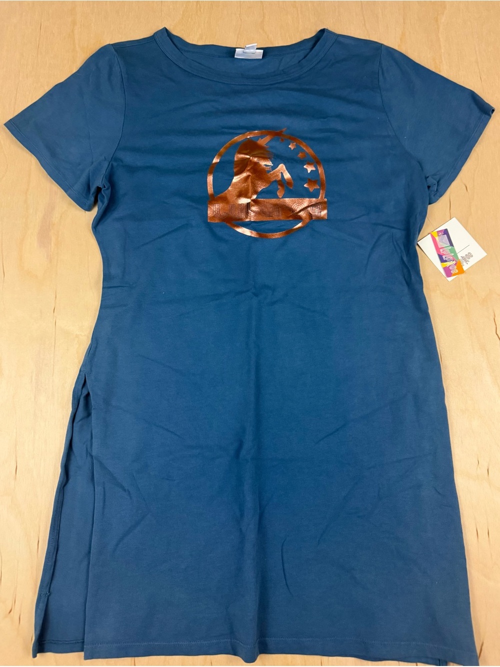 LuLaRoe Teal Short-Sleeve Top with Copper Metallic Unicorn Graphic